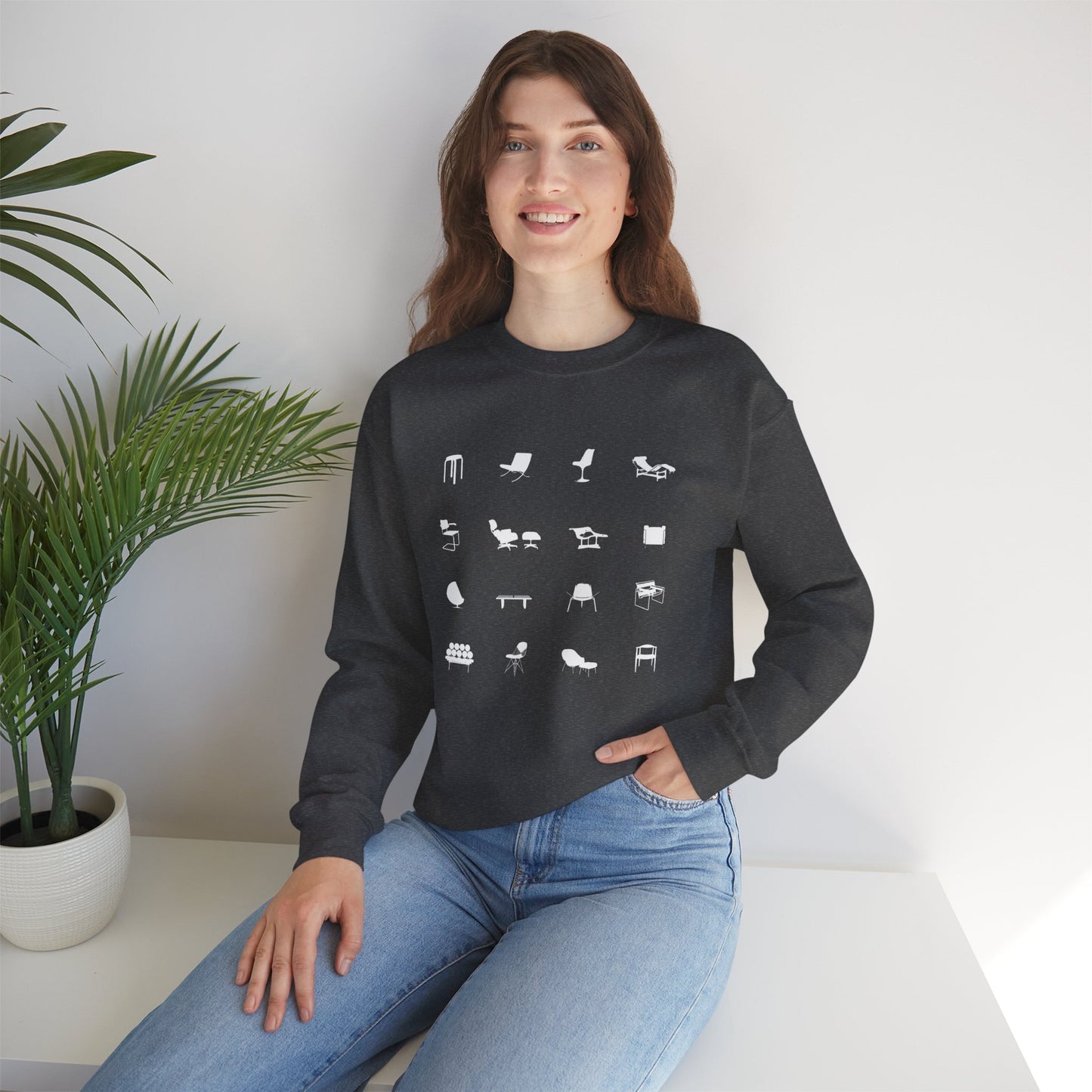 Mid Century Modern Unisex Sweatshirt, Retro Iconic Black Silhouette designer chairs sweater, Bauhaus Style, Eames Chair, designer lover gift.