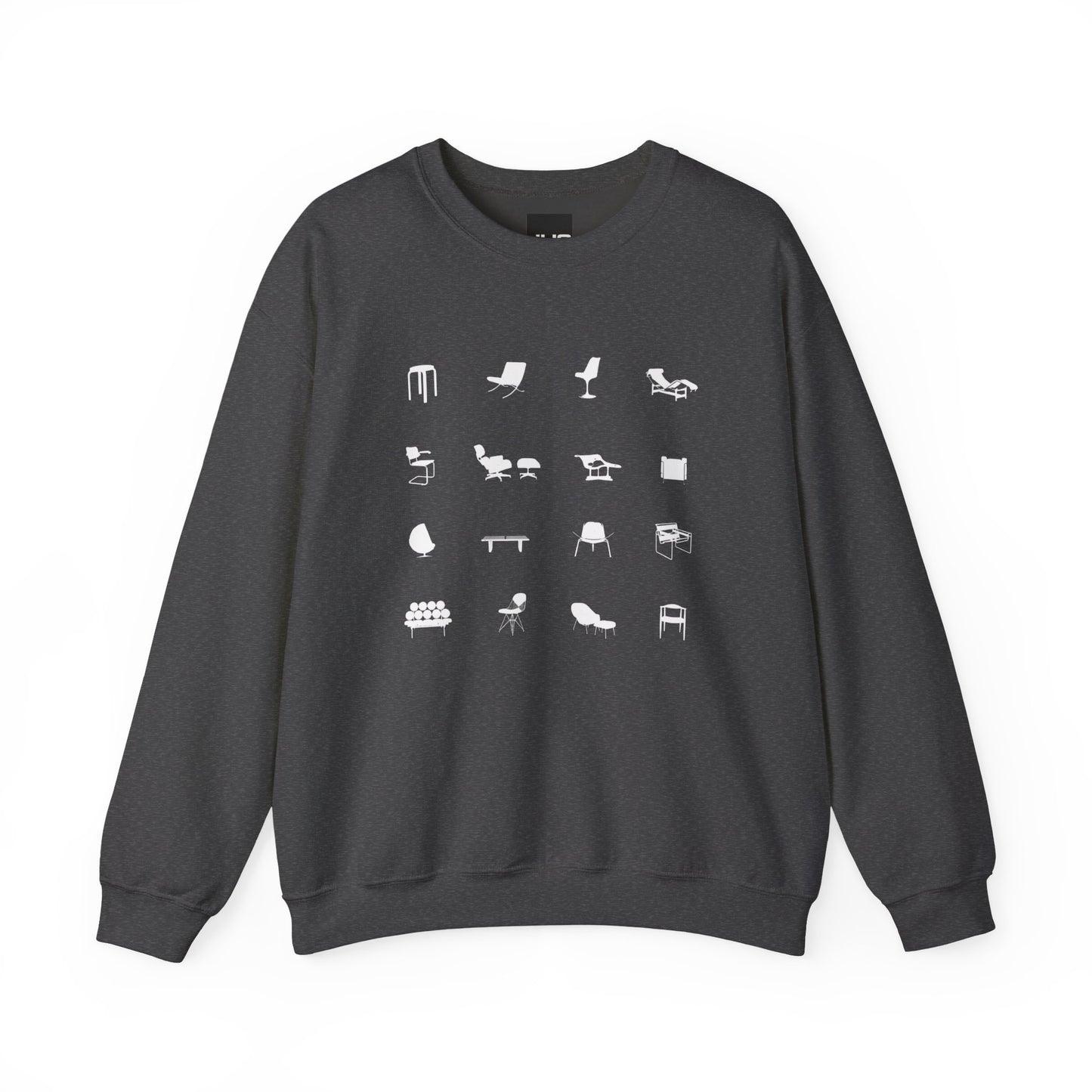 Mid Century Modern Unisex Sweatshirt, Retro Iconic Black Silhouette designer chairs sweater, Bauhaus Style, Eames Chair, designer lover gift.