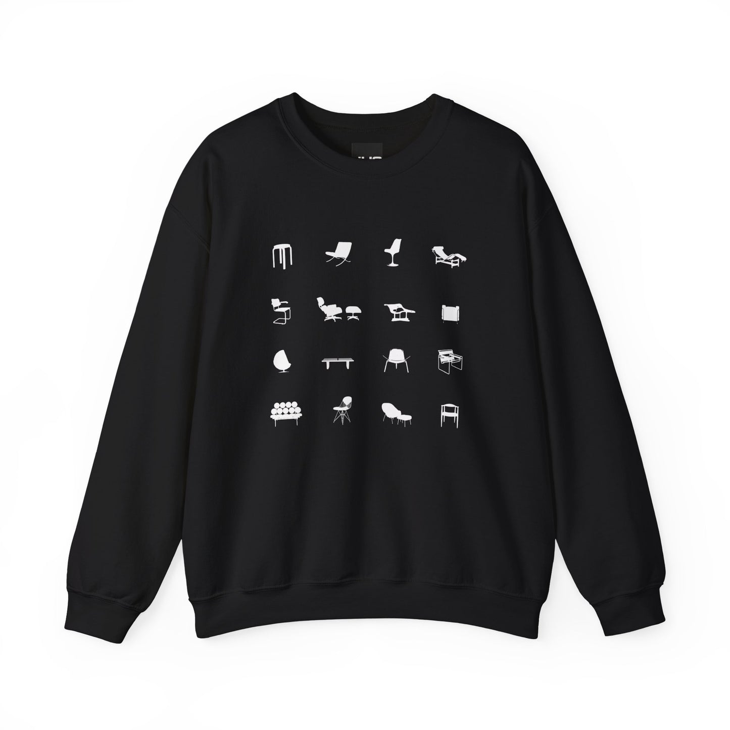 Mid Century Modern Unisex Sweatshirt, Retro Iconic Black Silhouette designer chairs sweater, Bauhaus Style, Eames Chair, designer lover gift.