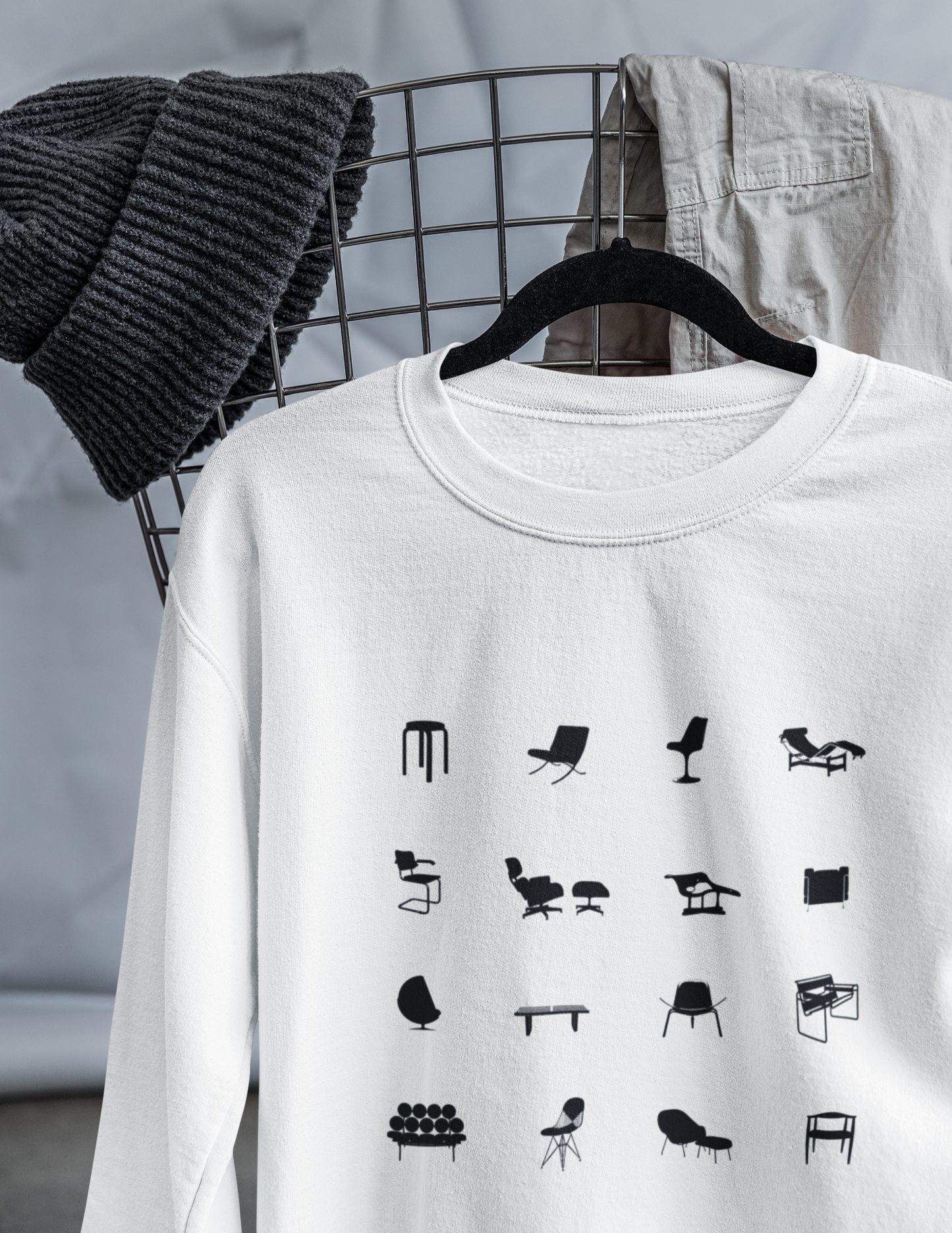 Mid Century Modern Unisex Sweatshirt, Retro Iconic Black Silhouette designer chairs sweater, Bauhaus Style, Eames Chair, designer lover gift.
