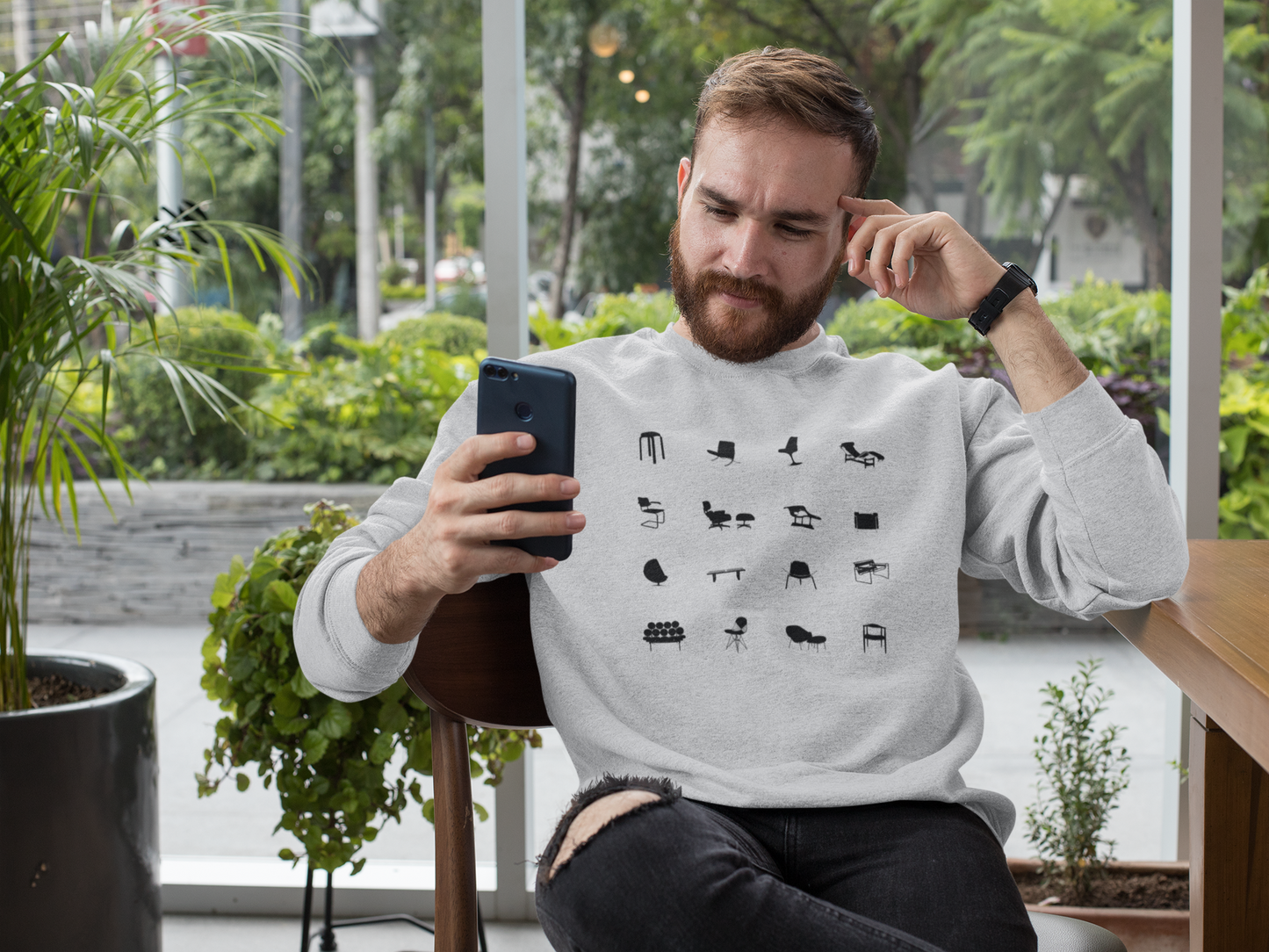 Mid Century Modern Unisex Sweatshirt, Retro Iconic Black Silhouette designer chairs sweater, Bauhaus Style, Eames Chair, designer lover gift.