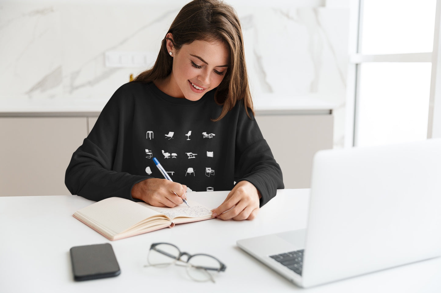 Mid Century Modern Unisex Sweatshirt, Retro Iconic Black Silhouette designer chairs sweater, Bauhaus Style, Eames Chair, designer lover gift.