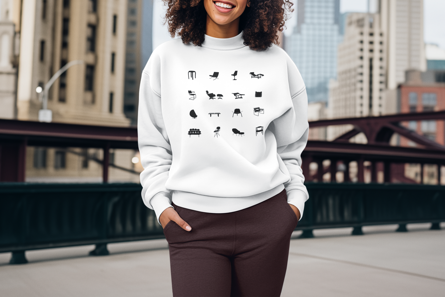 Mid Century Modern Unisex Sweatshirt, Retro Iconic Black Silhouette designer chairs sweater, Bauhaus Style, Eames Chair, designer lover gift.