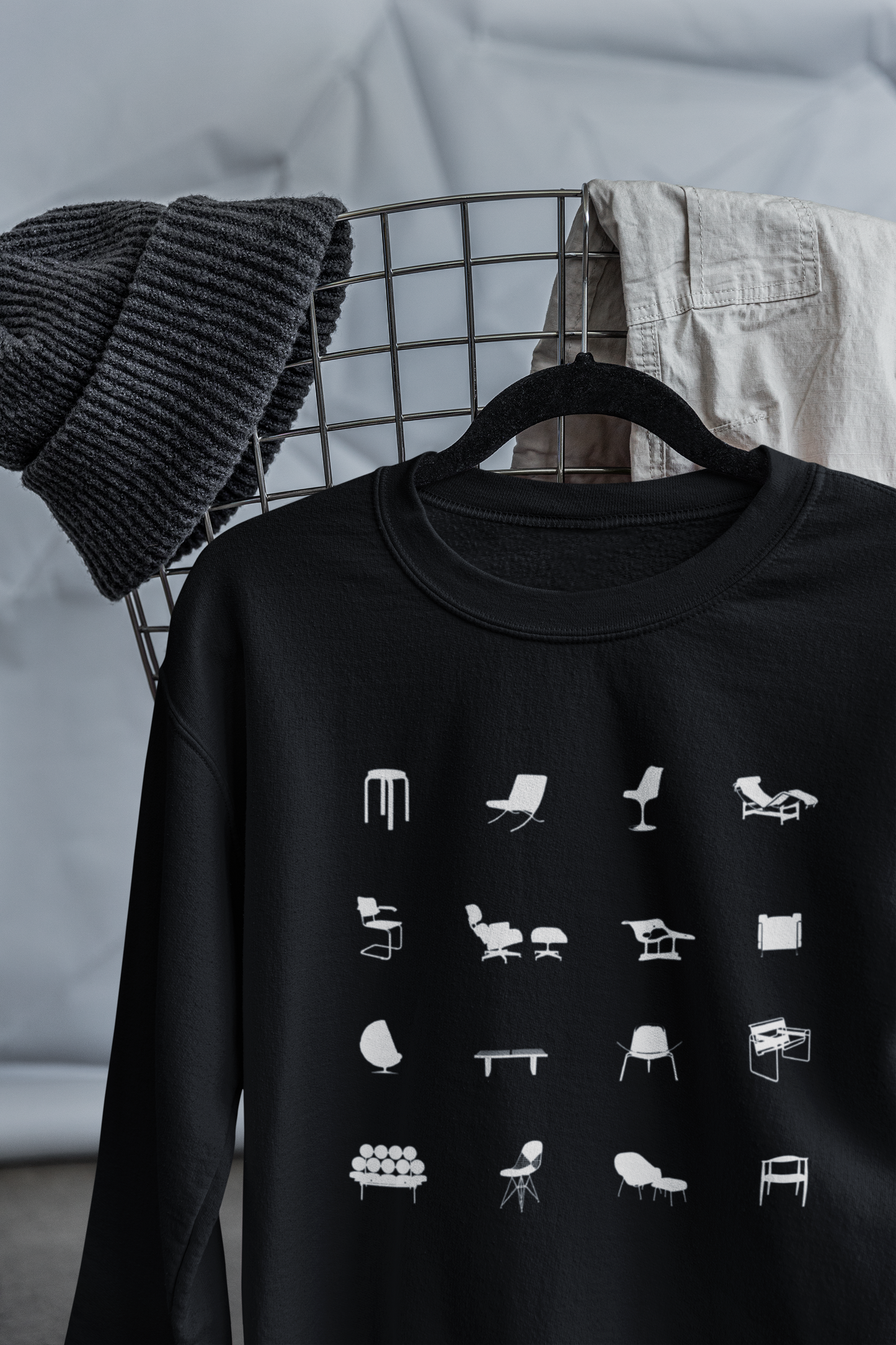 Mid Century Modern Unisex Sweatshirt, Retro Iconic Black Silhouette designer chairs sweater, Bauhaus Style, Eames Chair, designer lover gift.