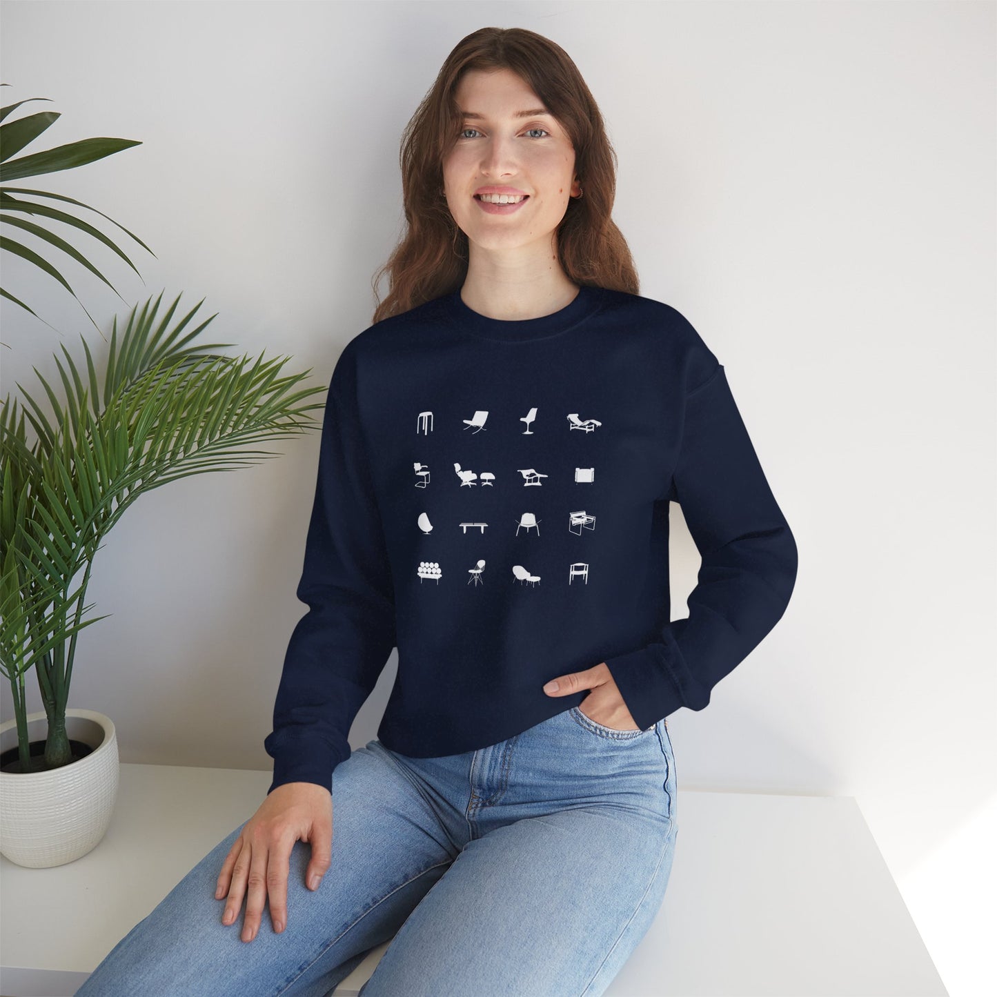 Mid Century Modern Unisex Sweatshirt, Retro Iconic Black Silhouette designer chairs sweater, Bauhaus Style, Eames Chair, designer lover gift.