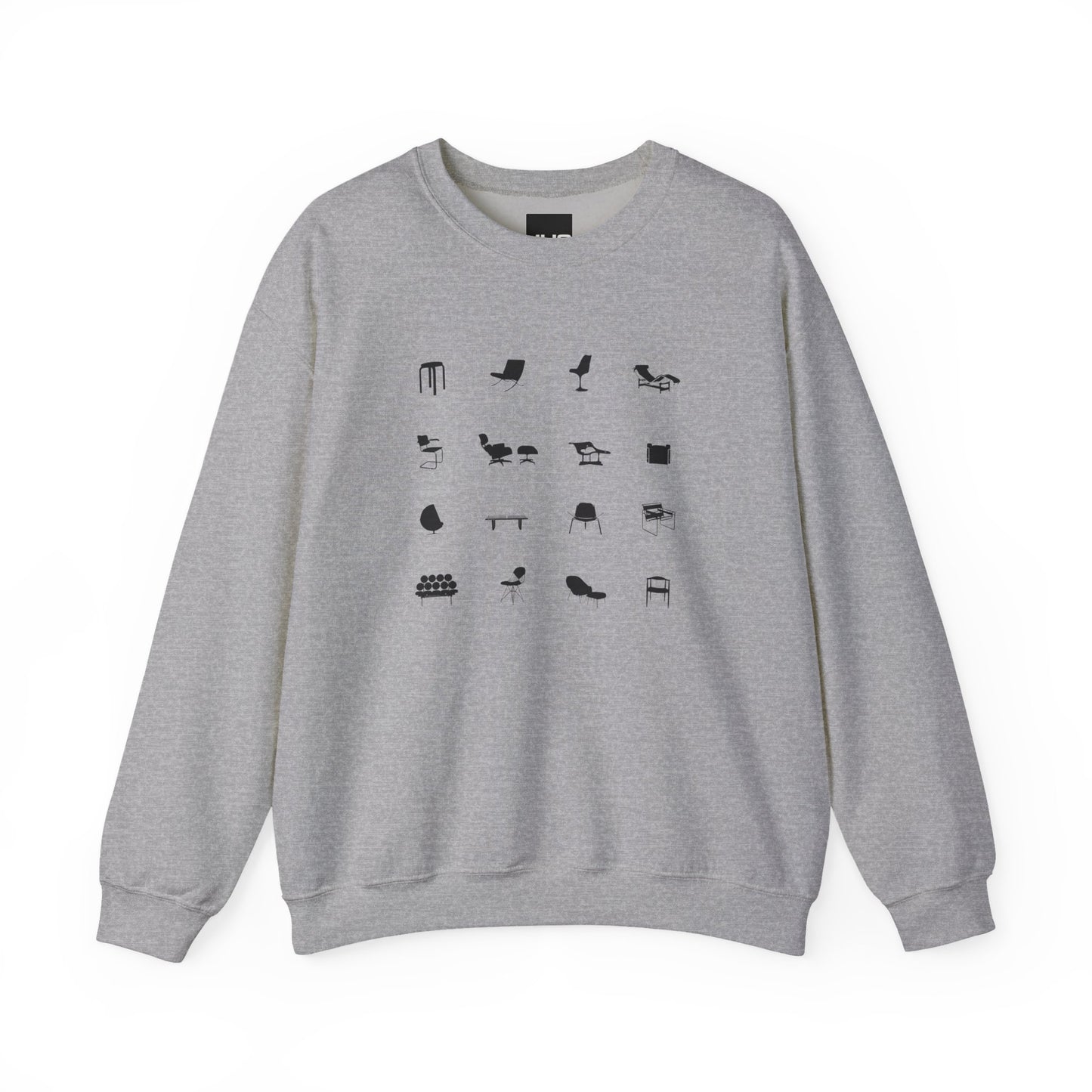 Mid Century Modern Unisex Sweatshirt, Retro Iconic Black Silhouette designer chairs sweater, Bauhaus Style, Eames Chair, designer lover gift.