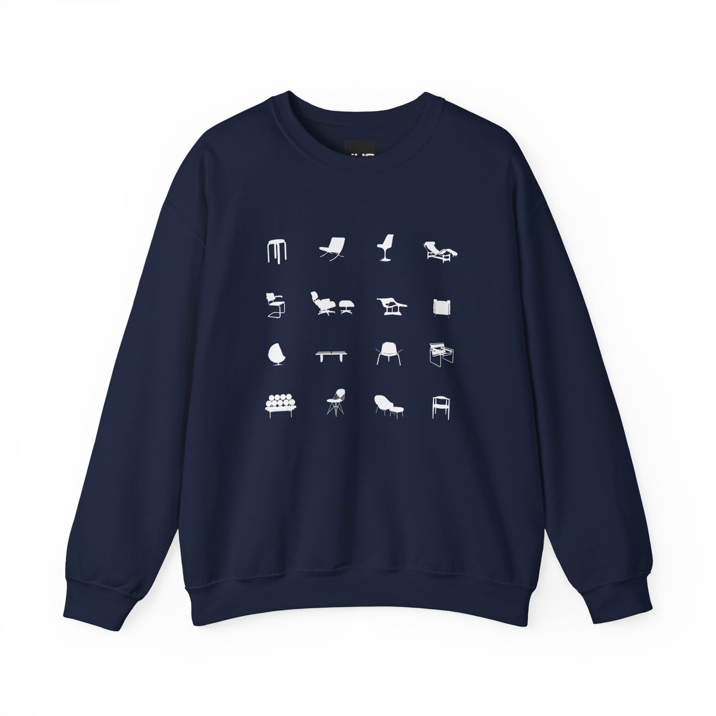 Mid Century Modern Unisex Sweatshirt, Retro Iconic Black Silhouette designer chairs sweater, Bauhaus Style, Eames Chair, designer lover gift.