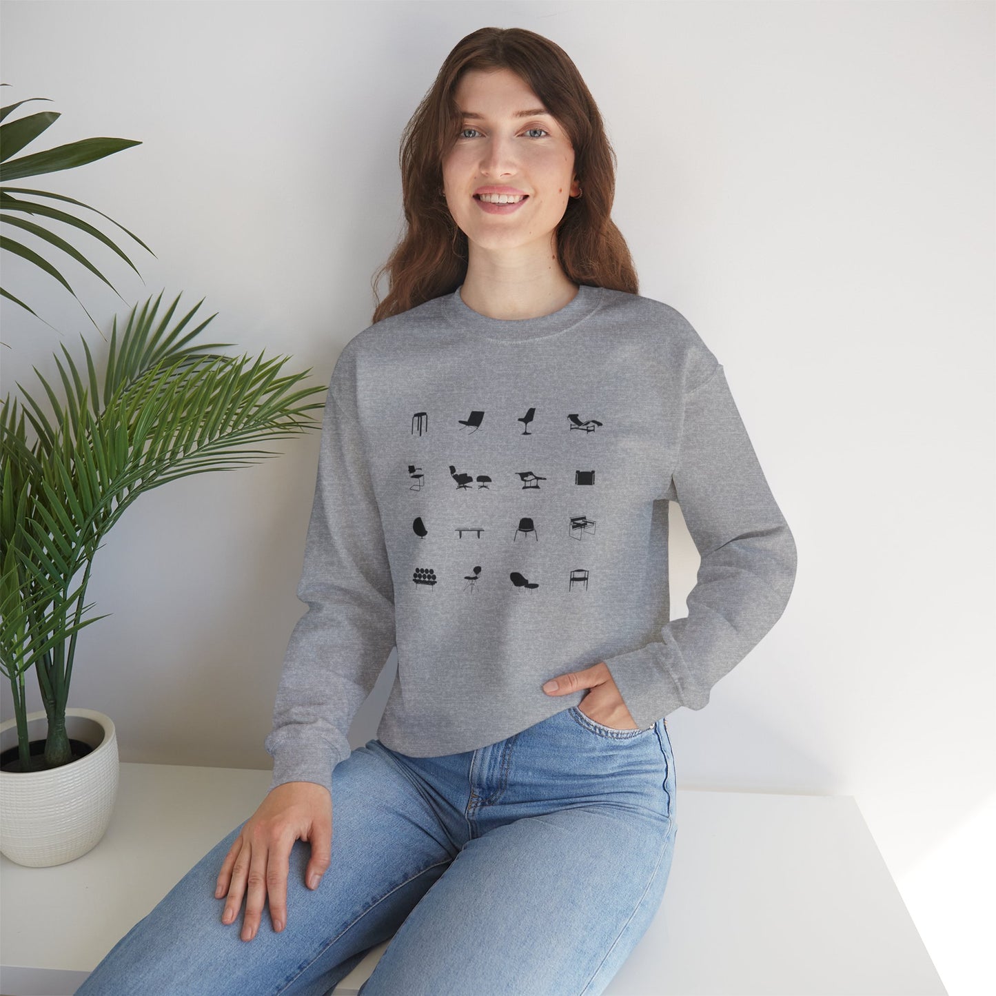 Mid Century Modern Unisex Sweatshirt, Retro Iconic Black Silhouette designer chairs sweater, Bauhaus Style, Eames Chair, designer lover gift.