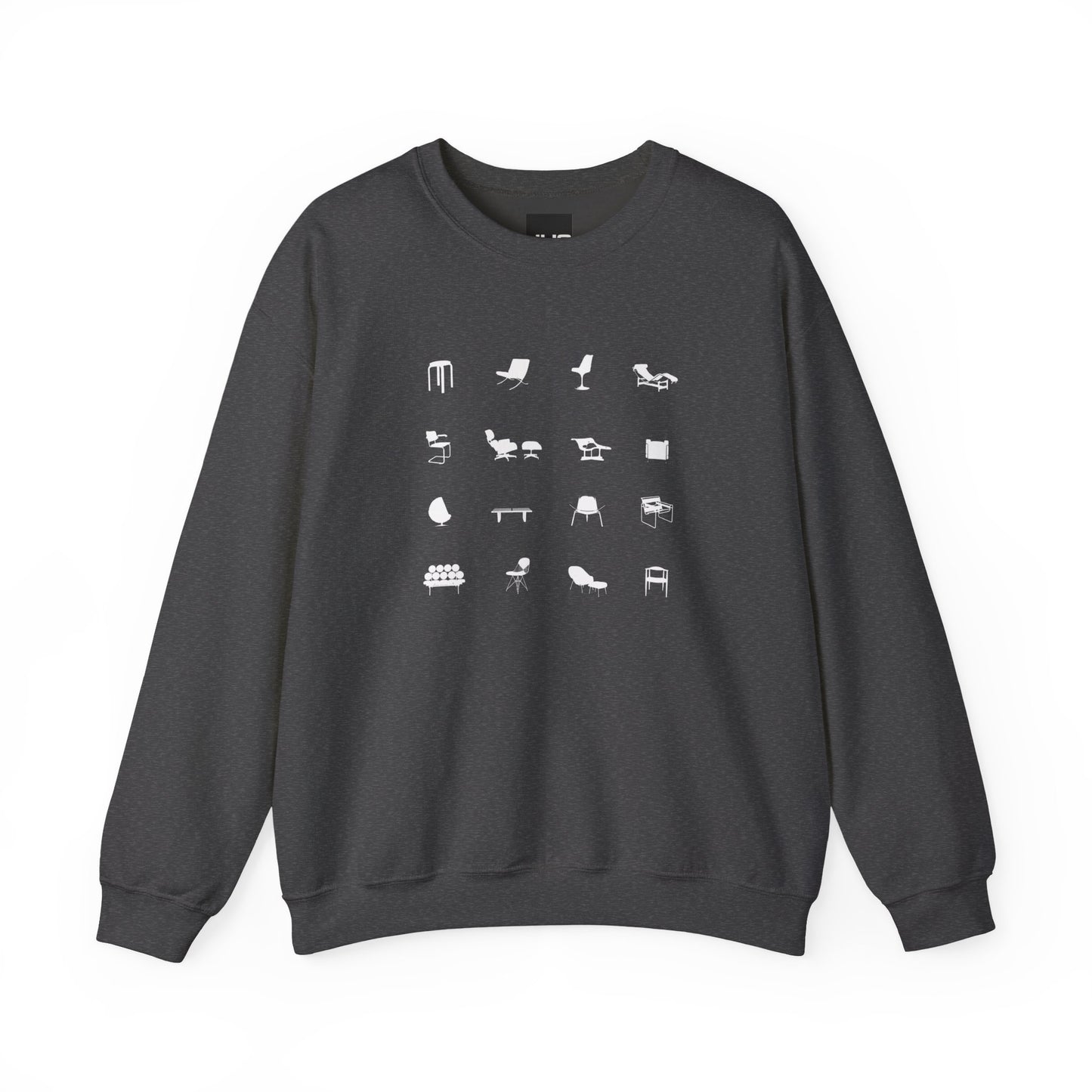Mid Century Modern Unisex Sweatshirt, Retro Iconic Black Silhouette designer chairs sweater, Bauhaus Style, Eames Chair, designer lover gift.