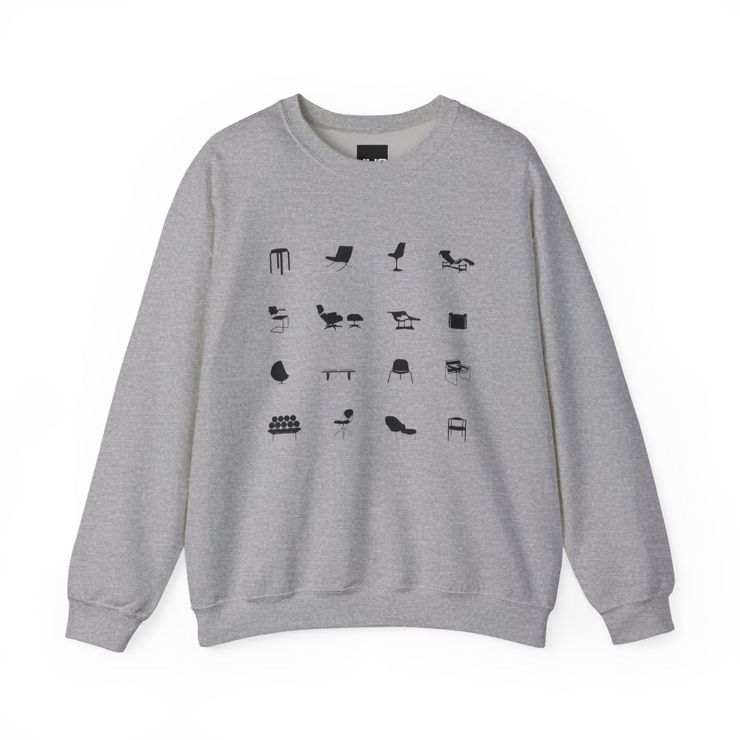 Mid Century Modern Unisex Sweatshirt, Retro Iconic Black Silhouette designer chairs sweater, Bauhaus Style, Eames Chair, designer lover gift.