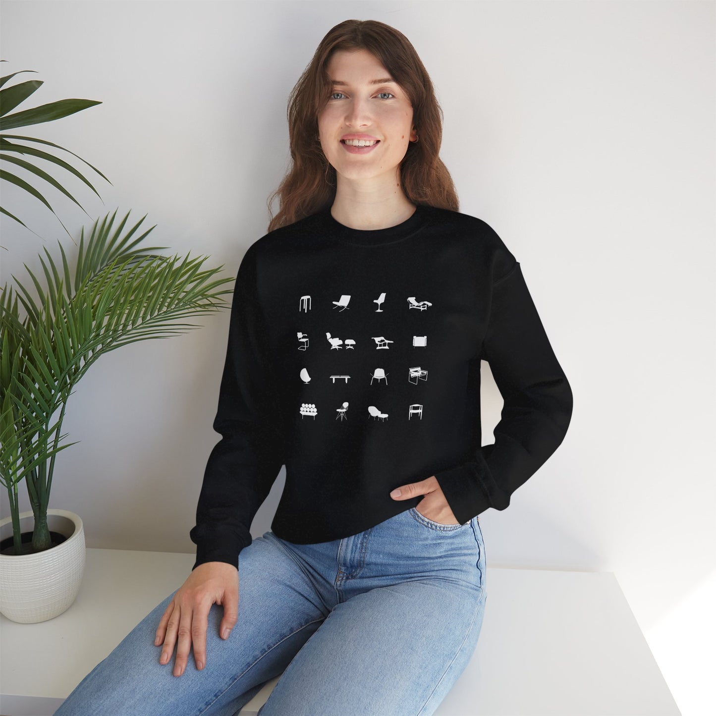 Mid Century Modern Unisex Sweatshirt, Retro Iconic Black Silhouette designer chairs sweater, Bauhaus Style, Eames Chair, designer lover gift.