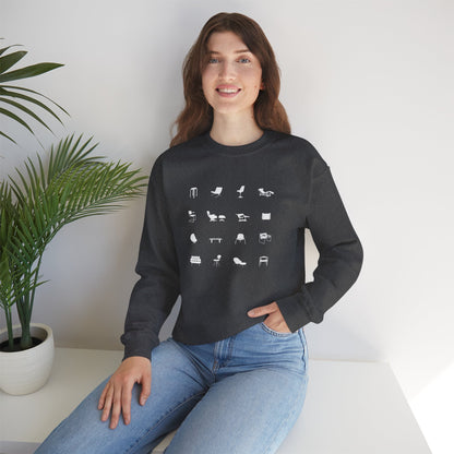 Mid Century Modern Unisex Sweatshirt, Retro Iconic Black Silhouette designer chairs sweater, Bauhaus Style, Eames Chair, designer lover gift.