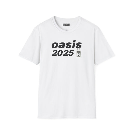 Oasis 2025 concert tee - Unisex Softstyle T-Shirt uniquely designed Oasis Gallagher white graphic, a brit pop rock gift.