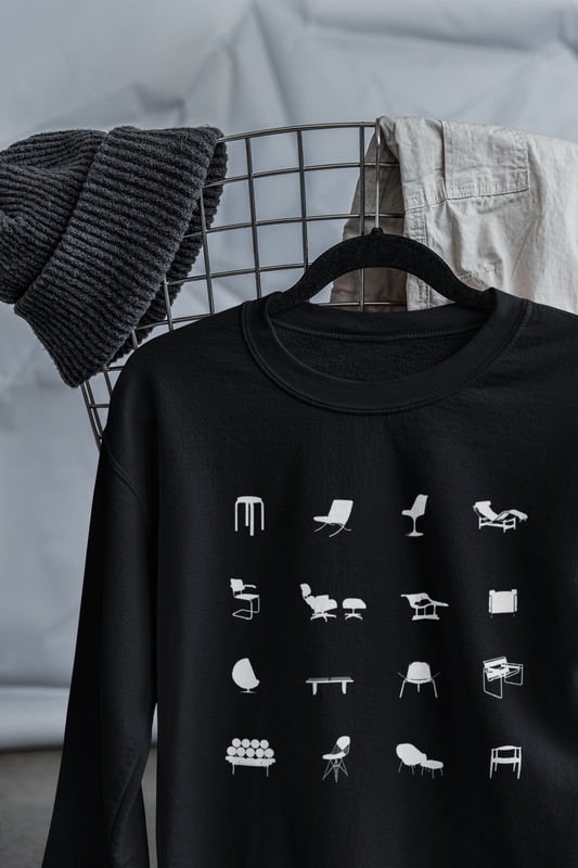 Mid Century Modern Unisex Sweatshirt, Retro Iconic Black Silhouette designer chairs sweater, Bauhaus Style, Eames Chair, designer lover gift.
