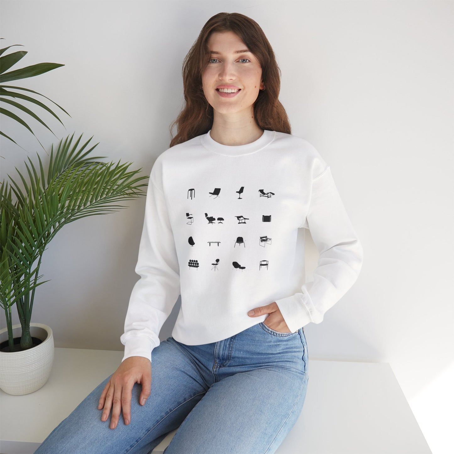 Mid Century Modern Unisex Sweatshirt, Retro Iconic Black Silhouette designer chairs sweater, Bauhaus Style, Eames Chair, designer lover gift.
