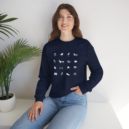 Mid Century Modern Unisex Sweatshirt, Retro Iconic Black Silhouette designer chairs sweater, Bauhaus Style, Eames Chair, designer lover gift.