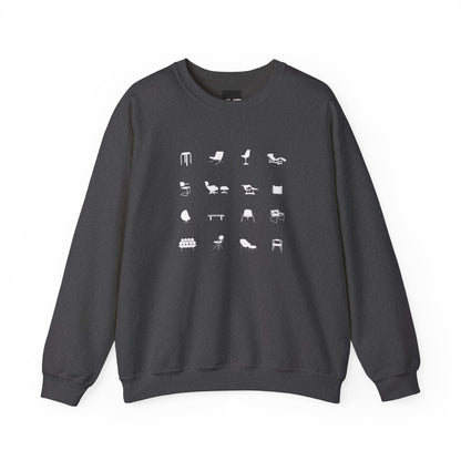 Mid Century Modern Unisex Sweatshirt, Retro Iconic Black Silhouette designer chairs sweater, Bauhaus Style, Eames Chair, designer lover gift.