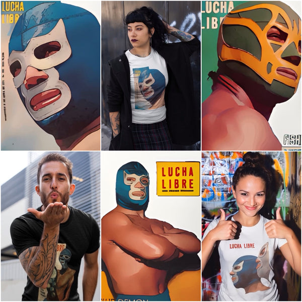Collection image displaying multiple Jus Lov’n It Lucha Libre Wrestlers t-shirt designs featuring vibrant lucha mask graphics and bold streetwear style.