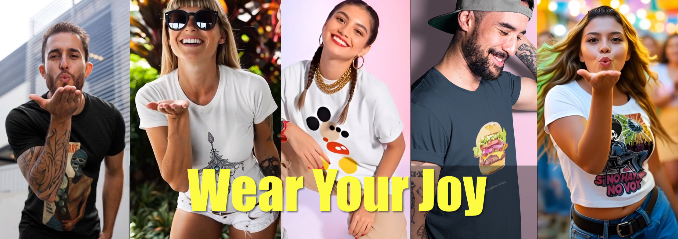 Wide storefront banner featuring Jus Lov’n It t-shirts from multiple collections, showcasing bold graphics, creative artwork, and modern streetwear fashion.